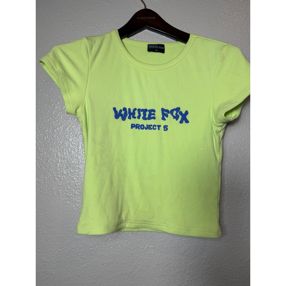 White Fox Project 5 Ribbed Baby Tee Lime Green Graphic Fitted Top Size M